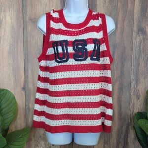 Red and White Striped USA Sweater Vest Patriotic Tank Top XXL           W189